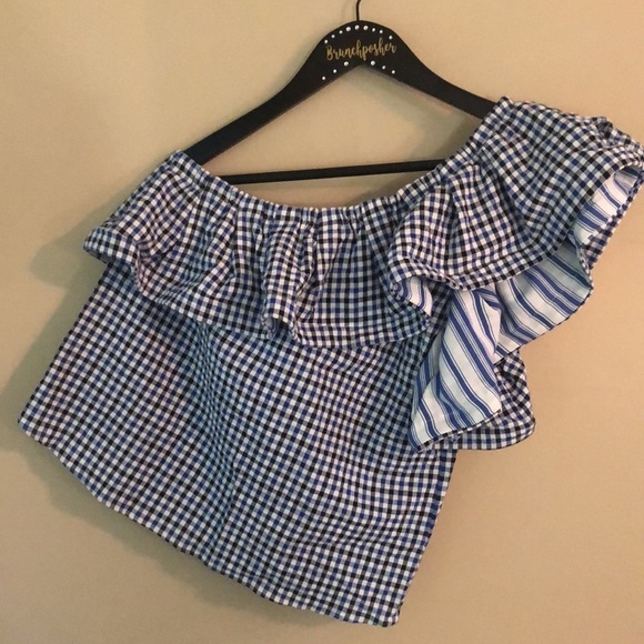 Misa Los Angeles Blue White Gingham Ruffle Sleeve One Shoulder Blouse - Picture 3 of 8